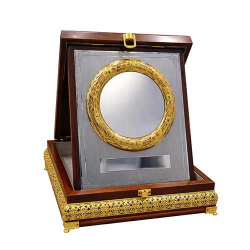 Premium Circular Silver Shield with Luxury Wooden Box