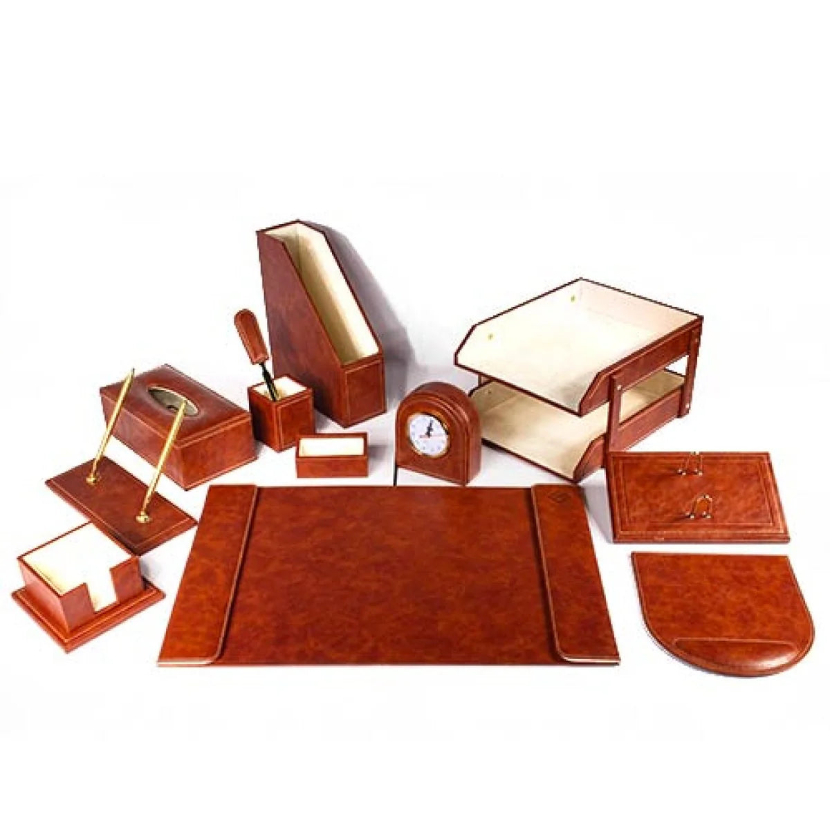 Luxury Leather Desk Accessory with Clock, Brown – BTDS1073 | Bi-Trust
