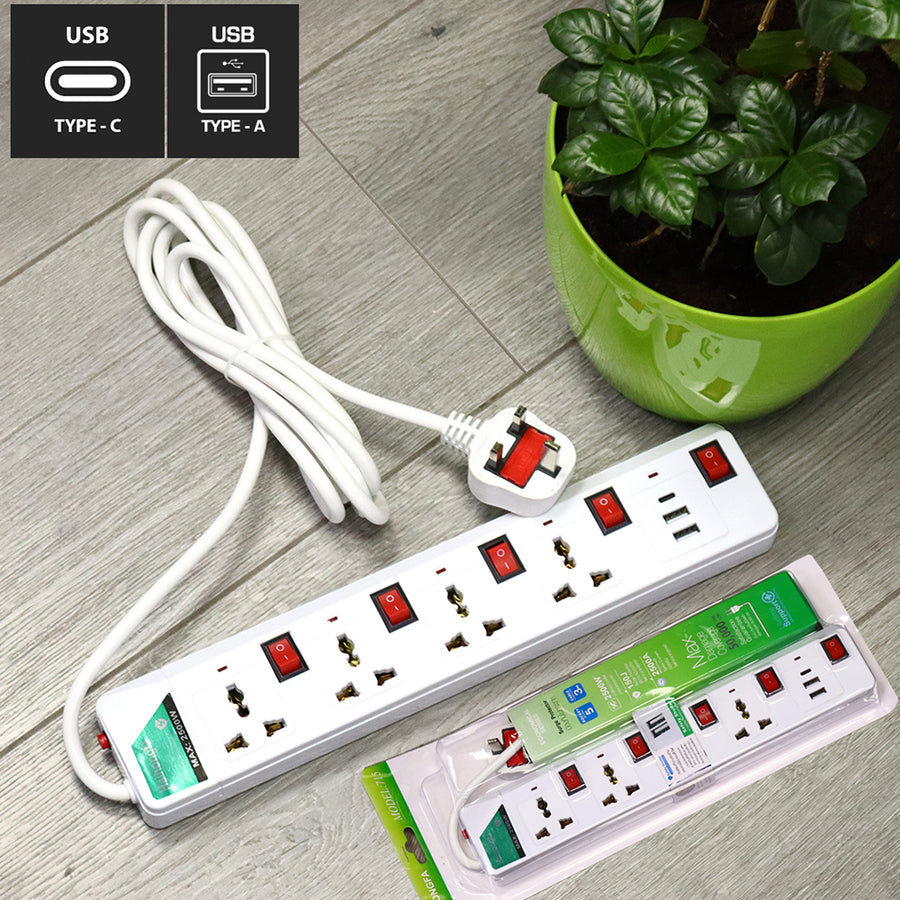 4-Way Power Extension with USB, 5 m