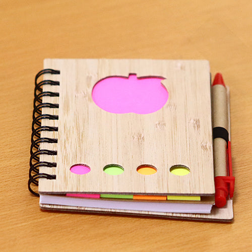 Bi-Trust A6 Wooden Cover Sticky Notes Set with Pen, Laser-Cut Apple Design, Multicolor Tabs