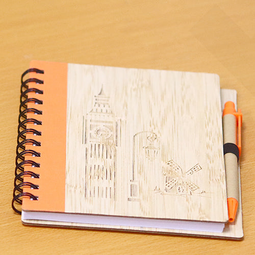 Spiral Lined Notebook with Wooden Cover and Pen – A5