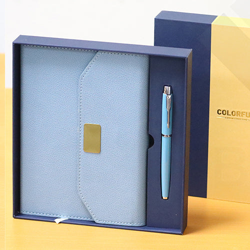 Premium A5 Leather-Lined Notebook with Pen – Light Blue