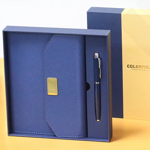 Premium A5 Leather-Lined Notebook with Pen – Dark Blue