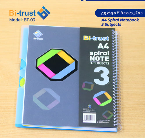 Bi-Trust A4 Spiral Notebook 3 Subjects, 80 Sheets, Plastic Cover with PP Dividers packaging