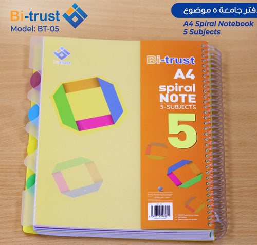 Bi-Trust A4 Spiral Notebook 5 Subjects, 80 Sheets, Plastic Cover with PP Dividers packaging