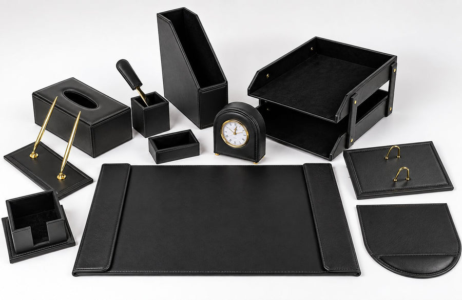 Luxury Leather Desk Set, 12 Pieces, Black