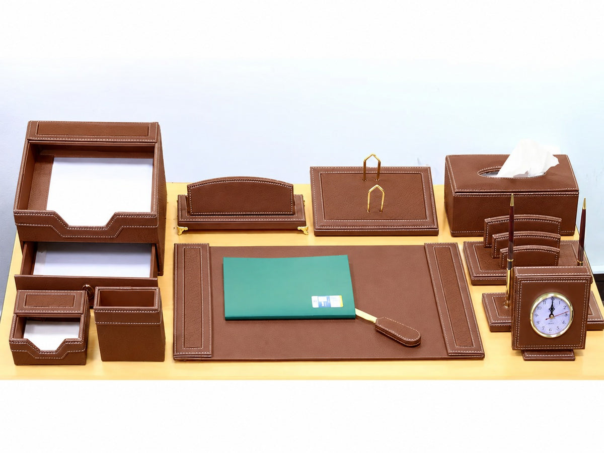 Premium Leather Desk Set, 12 Pieces, Brown | Bi-Trust