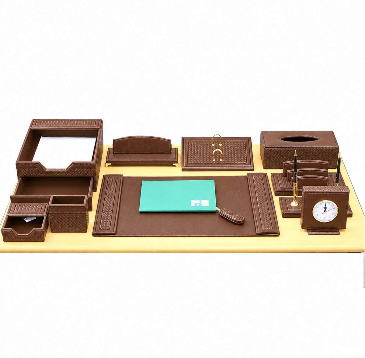Premium Leather Desk Set, 11 Pieces, Brown | Bi-Trust