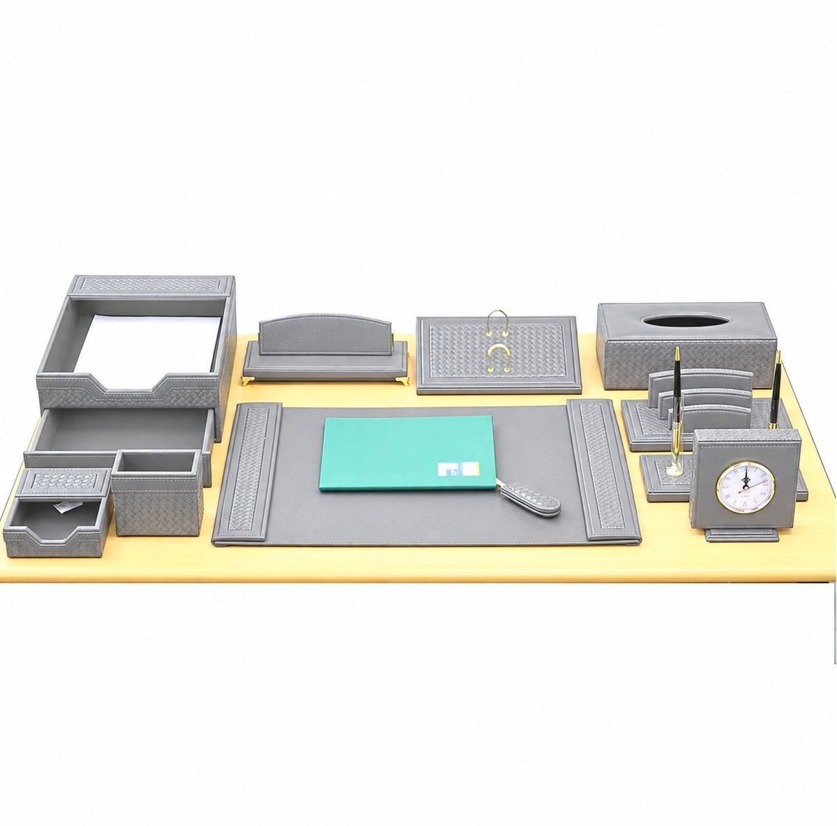 Premium Leather Desk Set, 11 Pieces, Light Grey | Bi-Trust