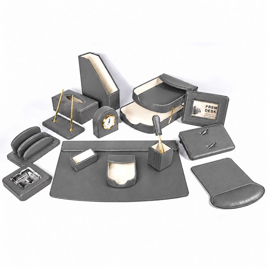 Luxury Leather Desk Set, 15 Pieces, Grey