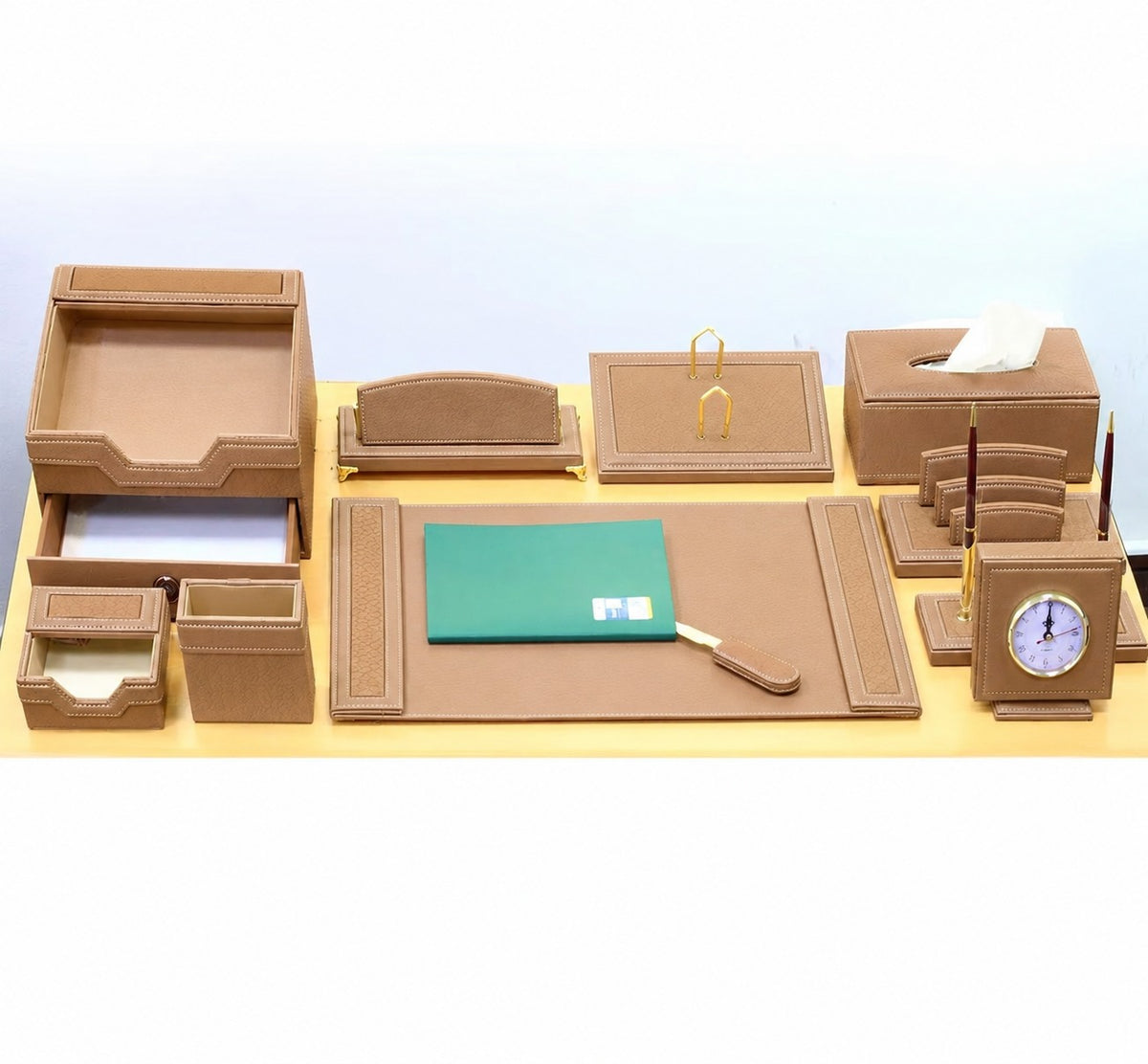 Premium Leather Desk Set, 12 Pieces, Light Brown | Bi-Trust