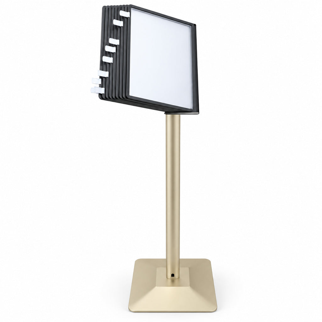 Gold floor-standing flip display stand with closed black-framed document pockets, index tabs and a square gold base